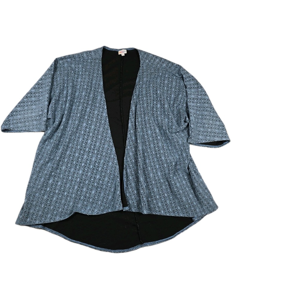 LuLaRoe Lindsay Kimono Cardigan Blue Black Geometric Diamond Open Front Large